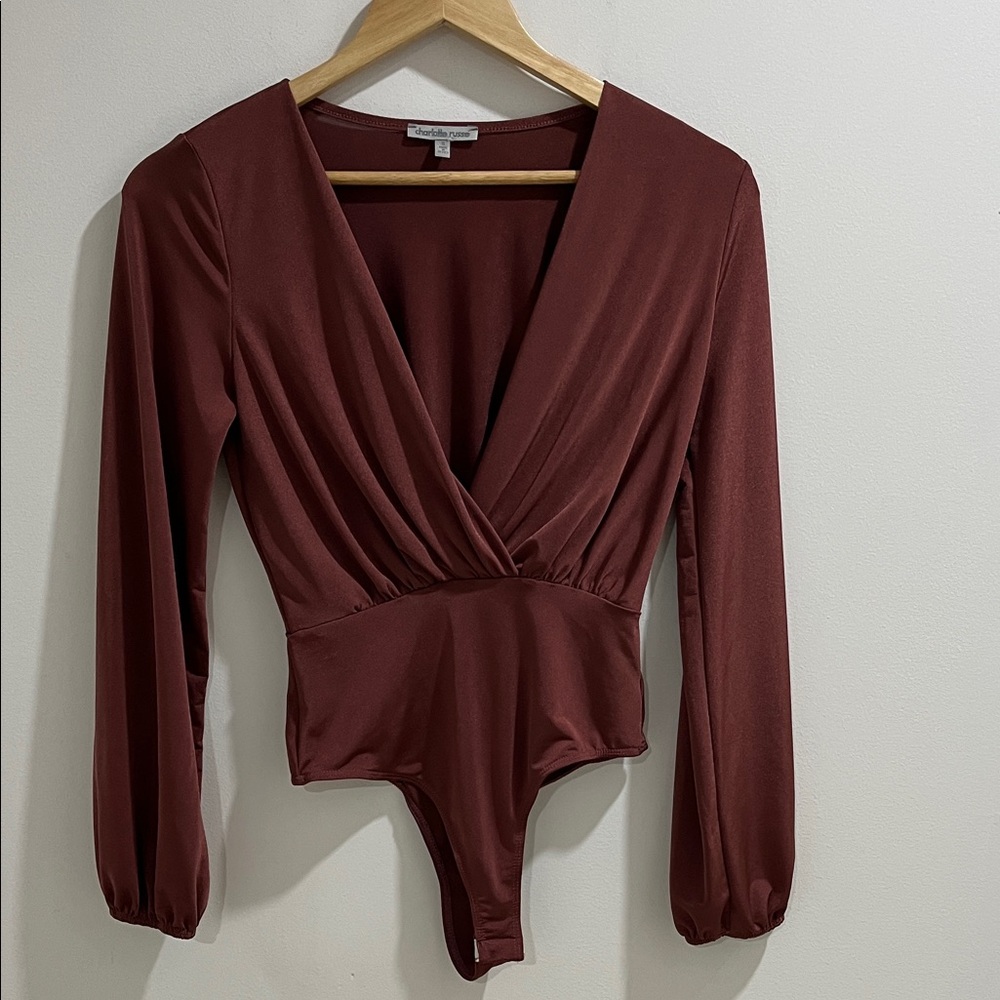 Women’s Bodysuit Small Brown Copper Cross Over Front Snap Closure Long Sleeve